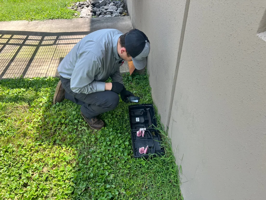 Eradicare technician servicing an exterior rodent bait station along a commercial building foundation