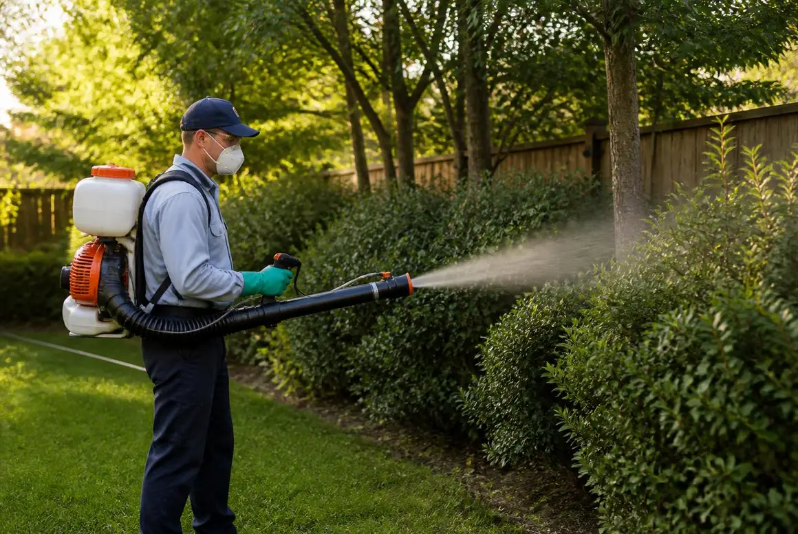 Eradicare technician fogging shaded shrubs and tree line for mosquitoes