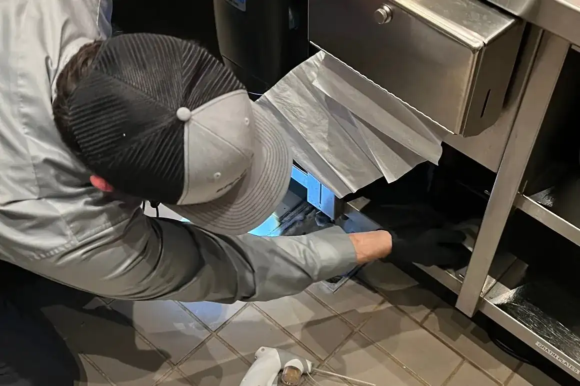 Eradicare technician inspecting under a stainless steel prep sink in a commercial restaurant kitchen
