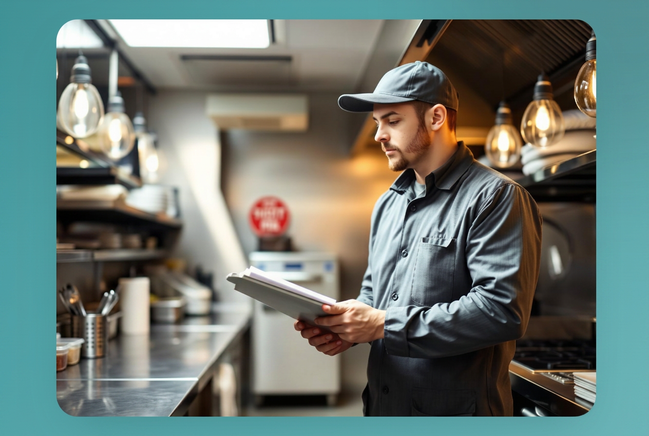 Eradicare technician inspecting a commercial restaurant kitchen