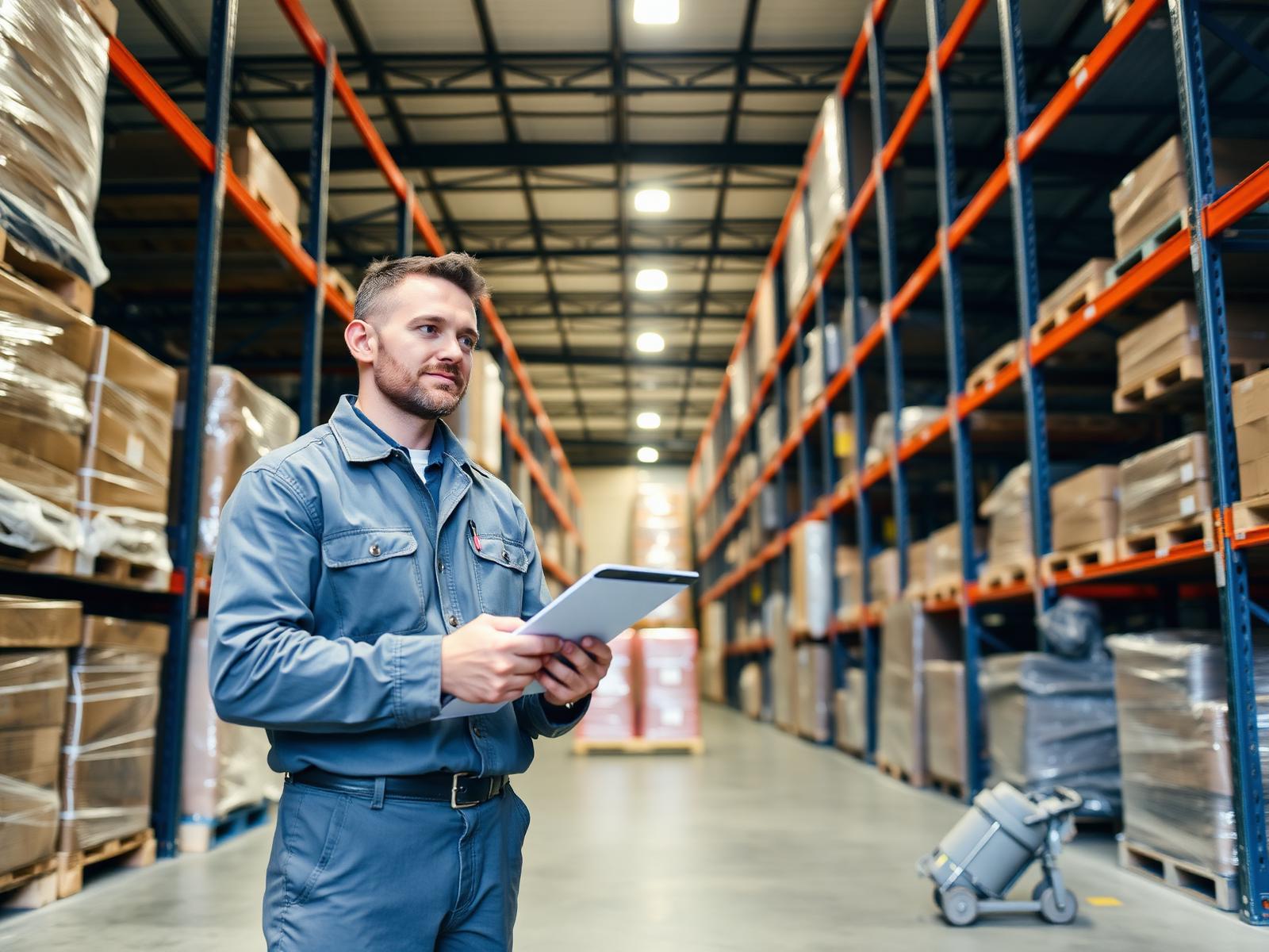 Eradicare technician inspecting warehouse pallet racking and receiving area at a Tennessee distribution center