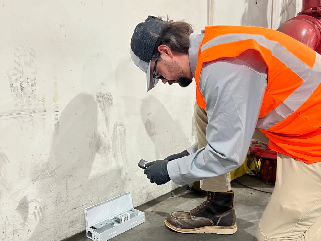 Eradicare technician in a safety vest inspecting a rodent monitoring station along a commercial facility wall